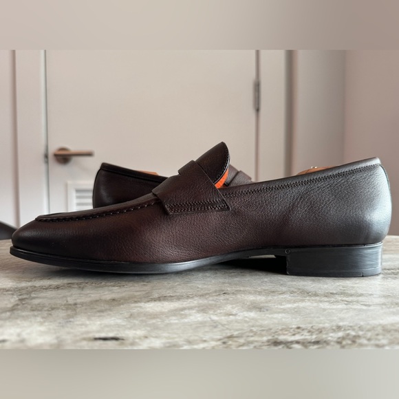 SANTONI BROWN PEBBLED LEATHER PENNY LOAFERS $1000 10.5 Moccasins Slip On Kiton - Picture 5 of 9